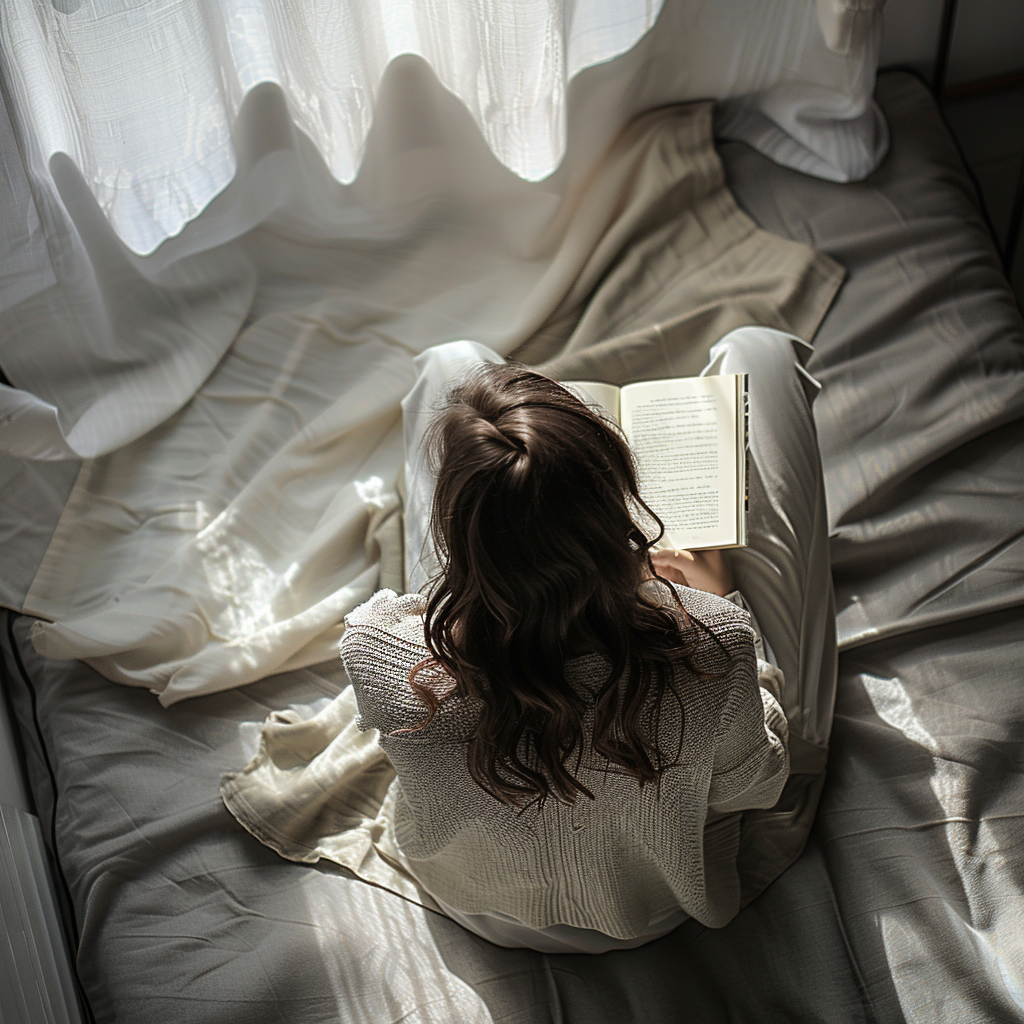 Femme lisant tranquillement un livre sur le journaling et l'écriture thérapeutique dans une chambre lumineuse
