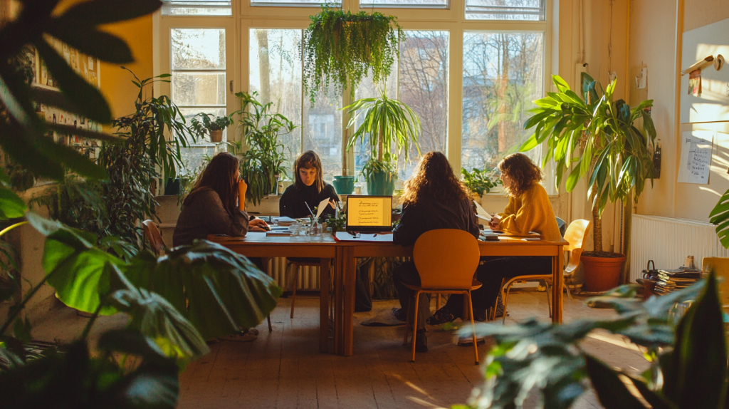 Un atelier d'écriture pour adultes dans un cadre inspirant : un groupe d'écrivants échange et rédige autour d’une table lumineuse entourée de plantes. Un espace propice à la créativité et à l'exploration littéraire.