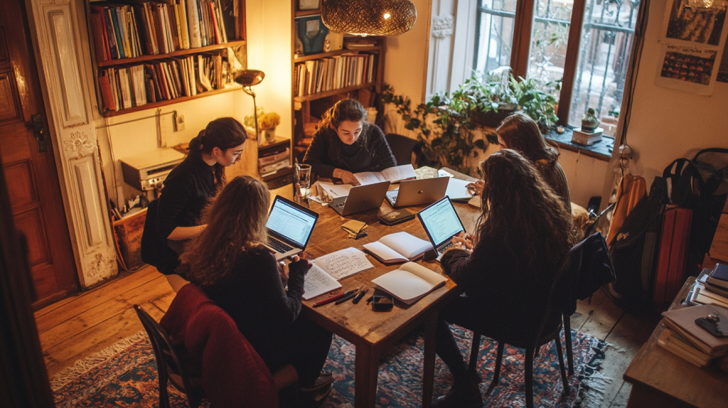 Un groupe d’adultes réuni autour d’une table en bois, dans un cadre chaleureux, participant à un atelier d’écriture. Cahiers, stylos et ordinateurs portables sont dispersés sur la table, témoignant d’une séance de création littéraire collaborative. Une ambiance inspirante pour celles et ceux qui cherchent des idées pour atelier d'écriture pour adultes, favorisant l’expression créative et le partage d’expériences.